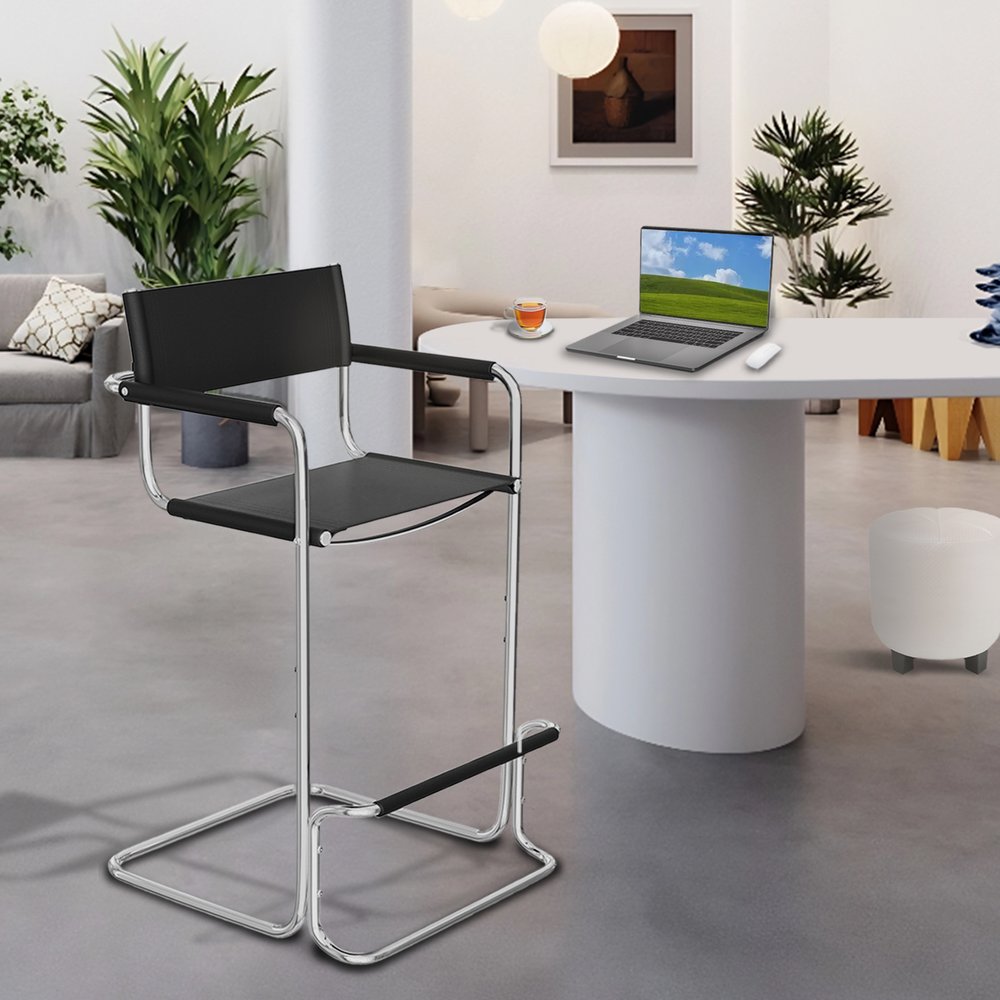 30" Black and Silver Leather and Steel Bar Height Bar Chair HomeRoots