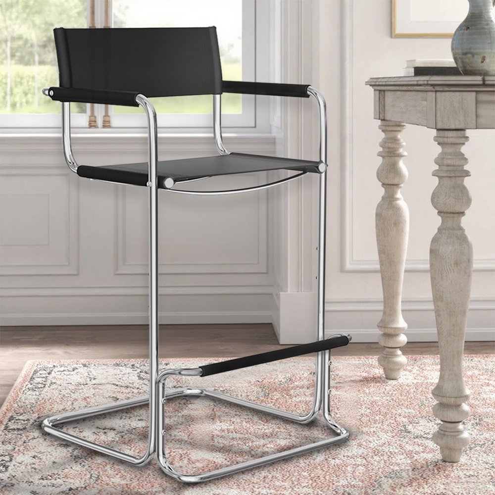 30" Black and Silver Leather and Steel Bar Height Bar Chair HomeRoots