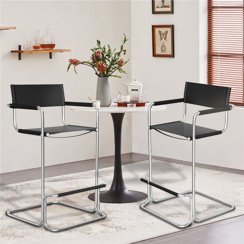 30" Black and Silver Leather and Steel Bar Height Bar Chair HomeRoots