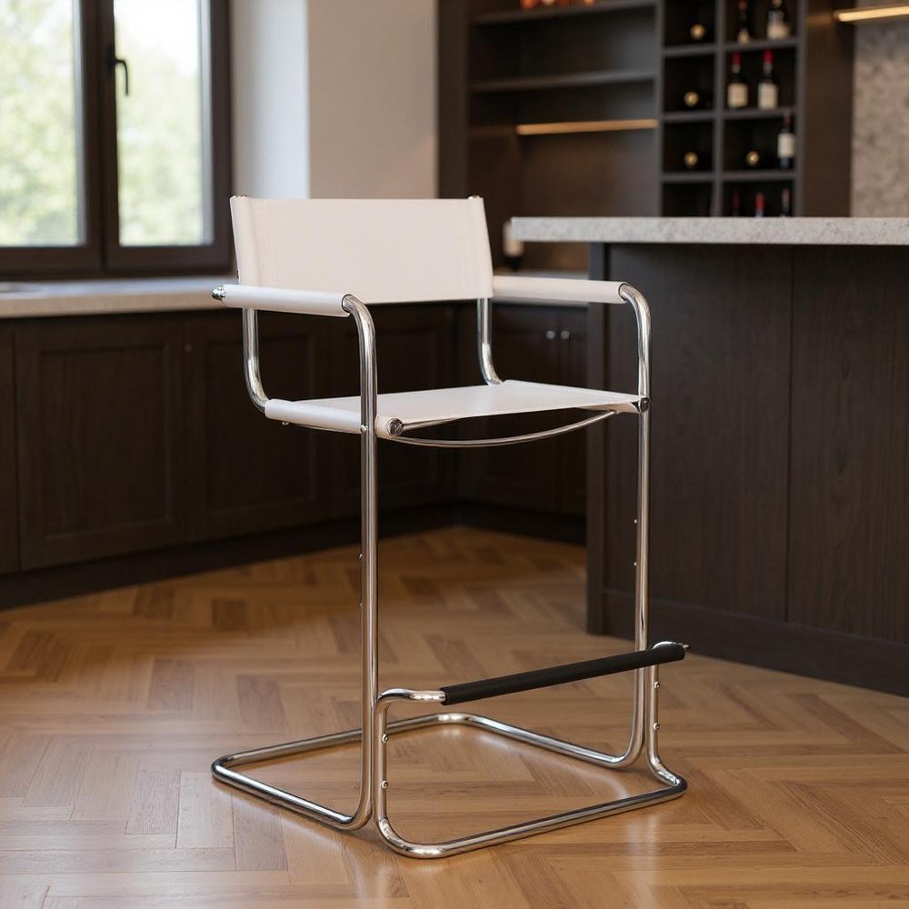 30" White And Silver Leather And Leather Match And Steel Low Back Bar Height Bar Chair HomeRoots