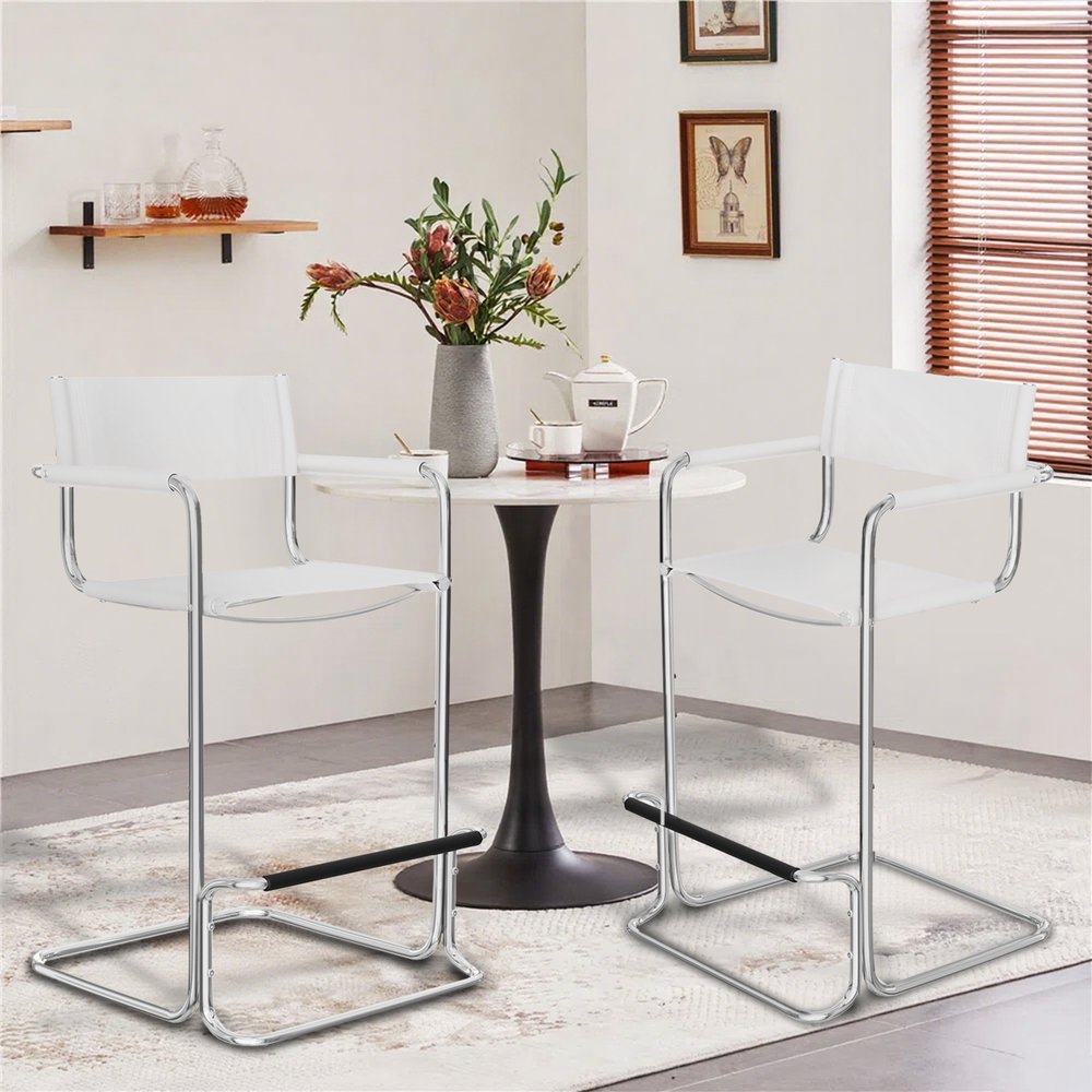 30" White and Silver Leather and Steel Bar Height Bar Chair HomeRoots