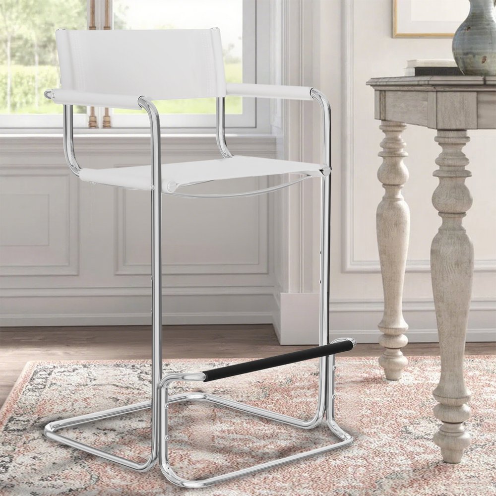 30" White and Silver Leather and Steel Bar Height Bar Chair HomeRoots