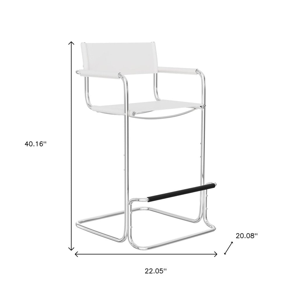 30" White And Silver Leather And Leather Match And Steel Low Back Bar Height Bar Chair HomeRoots
