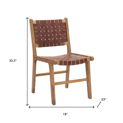 Set of Two Brown Solid Wood and Leather Dining Side Chairs HomeRoots