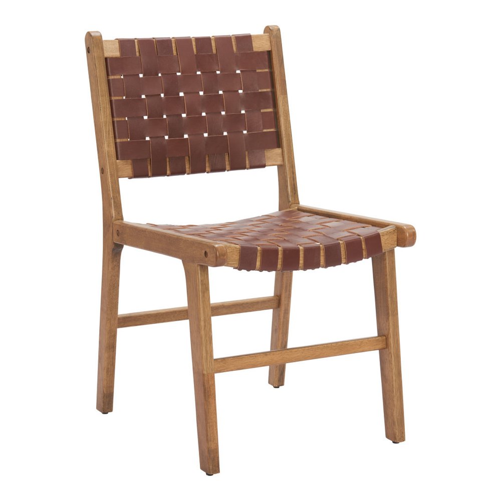 Set of Two Brown Solid Wood and Leather Dining Side Chairs HomeRoots