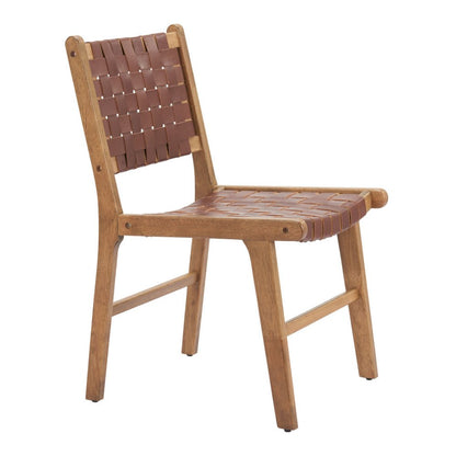 Set of Two Brown Solid Wood and Leather Dining Side Chairs HomeRoots