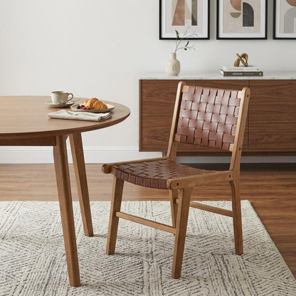 Set of Two Brown Solid Wood and Leather Dining Side Chairs HomeRoots