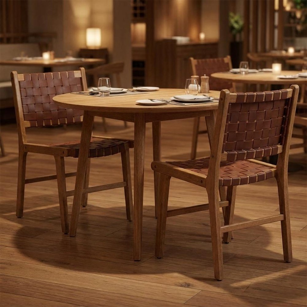 Set of Two Brown Solid Wood and Leather Dining Side Chairs — view 11