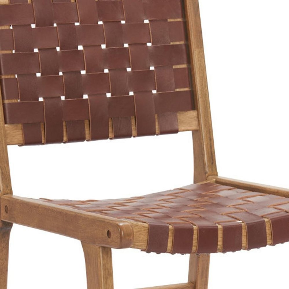 Set of Two Brown Solid Wood and Leather Dining Side Chairs HomeRoots