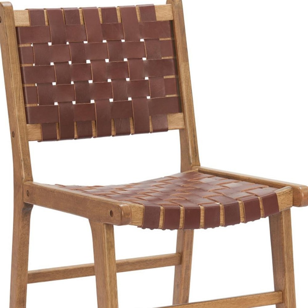 Set of Two Brown Solid Wood and Leather Dining Side Chairs — view 2