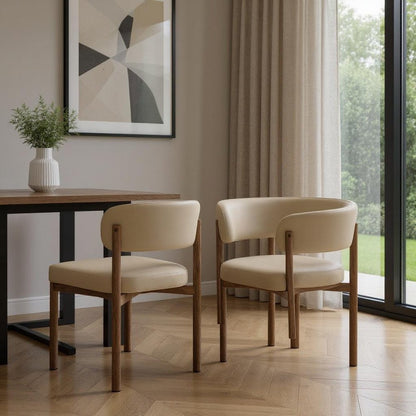 Set of Two Beige And Brown Faux Leather And Wood And Steel Open Back Dining Arm Chairs HomeRoots