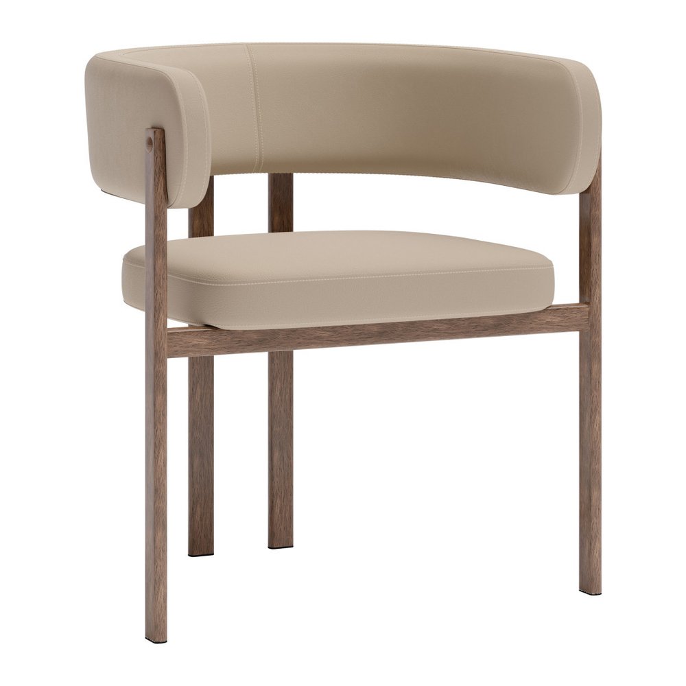 Set of Two Beige And Brown Faux Leather And Wood And Steel Open Back Dining Arm Chairs HomeRoots