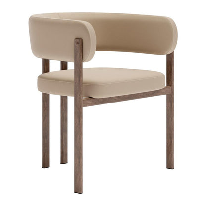 Set of Two Beige And Brown Faux Leather And Wood And Steel Open Back Dining Arm Chairs HomeRoots
