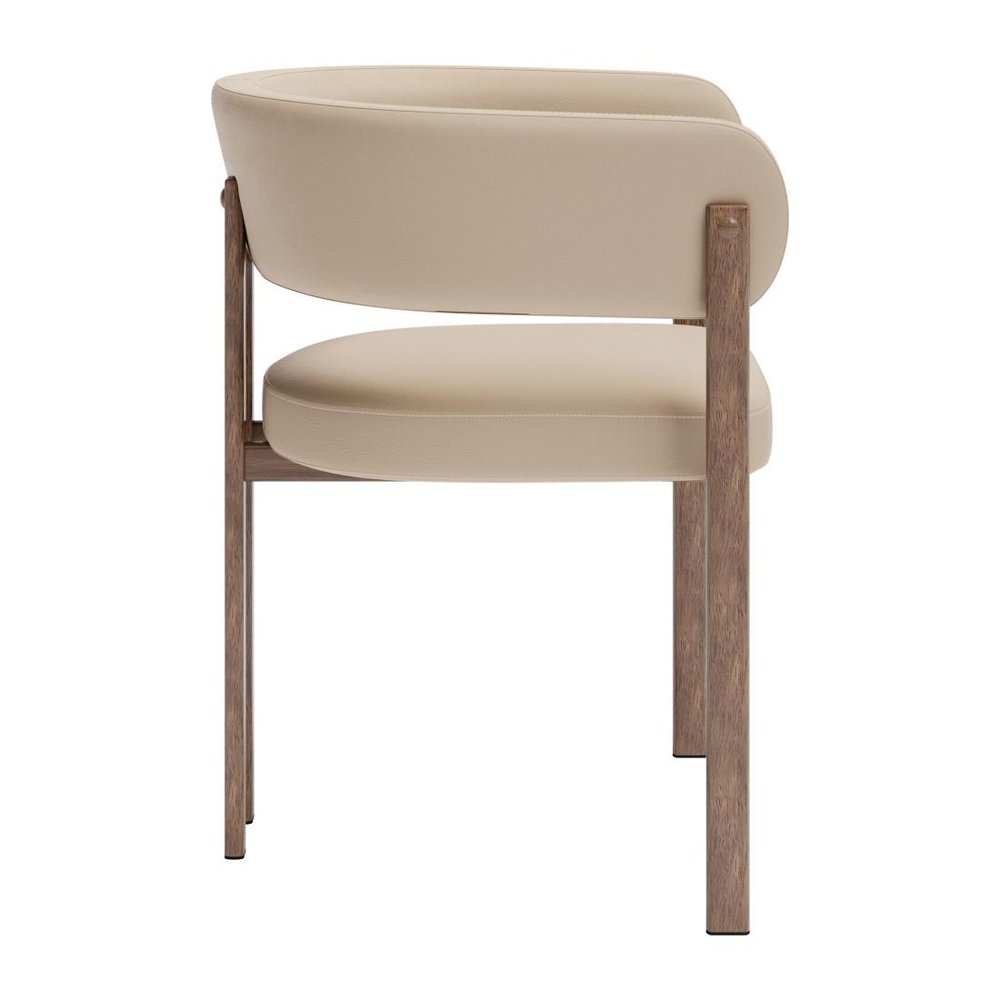 Set of Two Beige And Brown Faux Leather And Wood And Steel Open Back Dining Arm Chairs HomeRoots