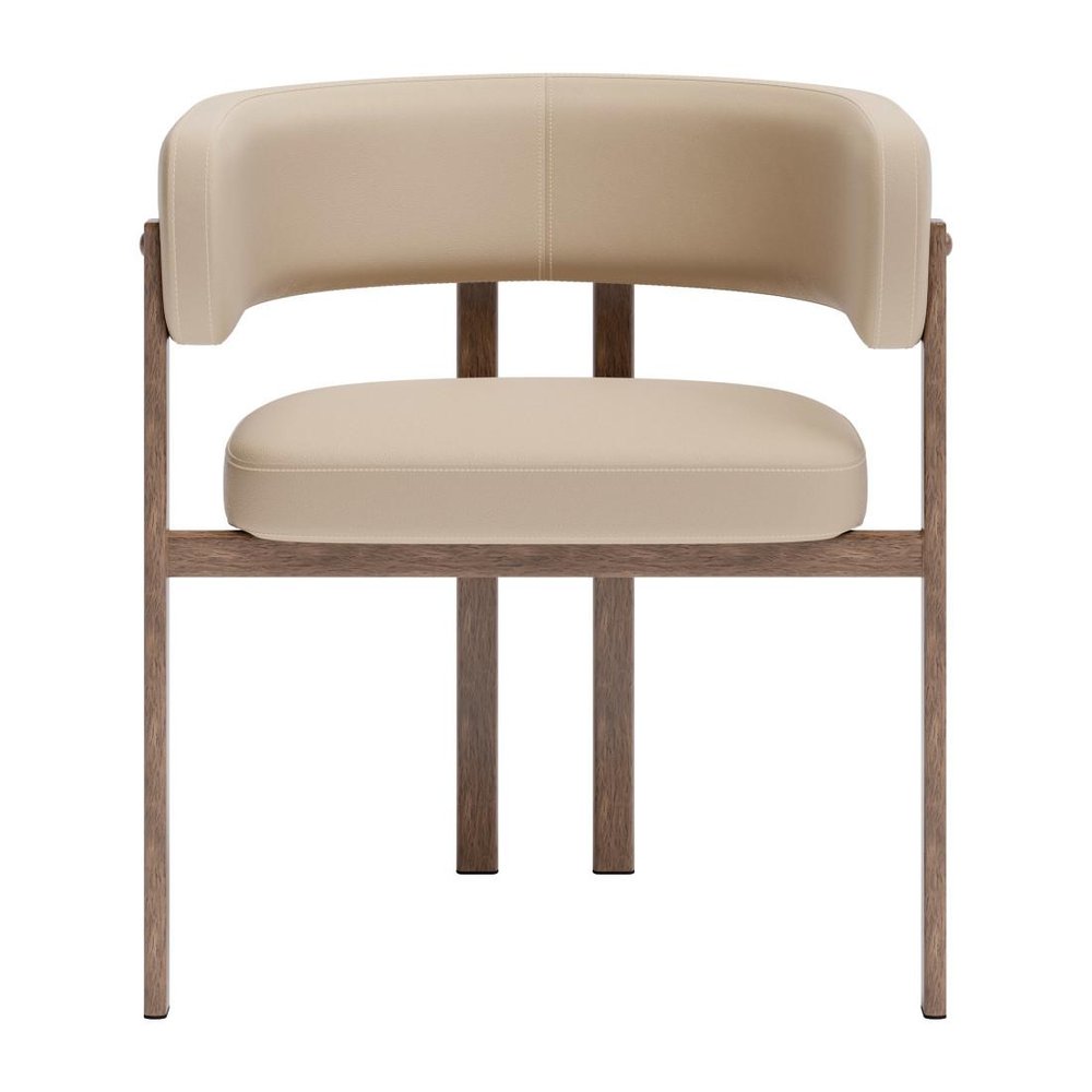 Set of Two Beige And Brown Faux Leather And Wood And Steel Open Back Dining Arm Chairs — view 6