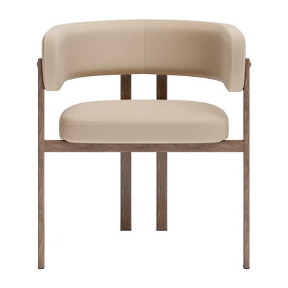 Set of Two Beige And Brown Faux Leather And Wood And Steel Open Back Dining Arm Chairs HomeRoots