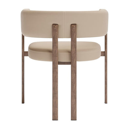 Set of Two Beige And Brown Faux Leather And Wood And Steel Open Back Dining Arm Chairs HomeRoots