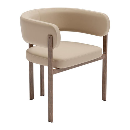 Set of Two Beige And Brown Faux Leather And Wood And Steel Open Back Dining Arm Chairs HomeRoots