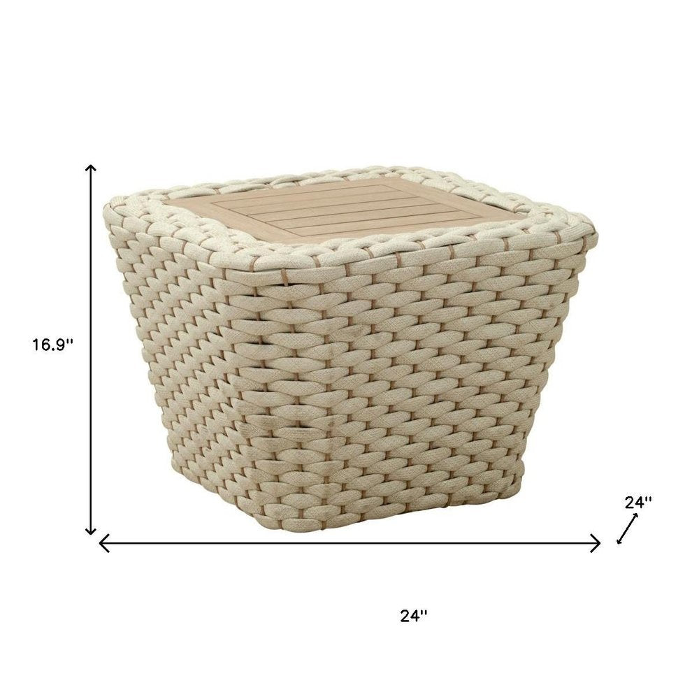24" Natural And White Square Solid Wood And Wicker Outdoor Coffee Table HomeRoots