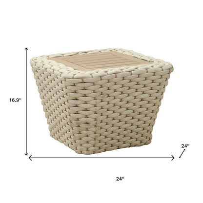 24" Natural And White Square Solid Wood And Wicker Outdoor Coffee Table HomeRoots