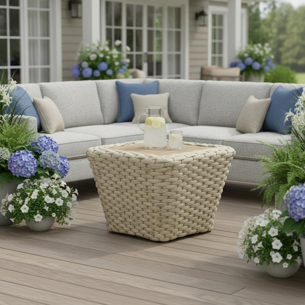 24" Natural And White Square Solid Wood And Wicker Outdoor Coffee Table HomeRoots