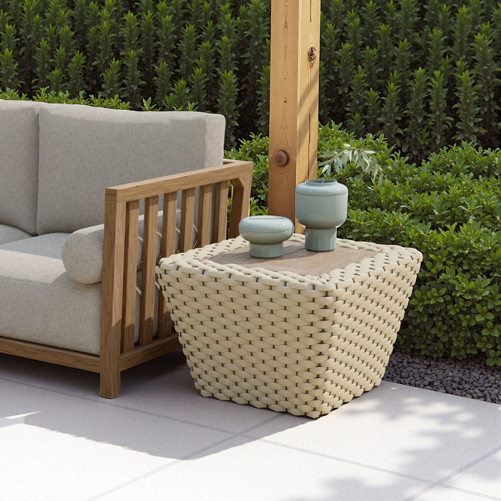24" Natural And White Square Solid Wood And Wicker Outdoor Coffee Table HomeRoots