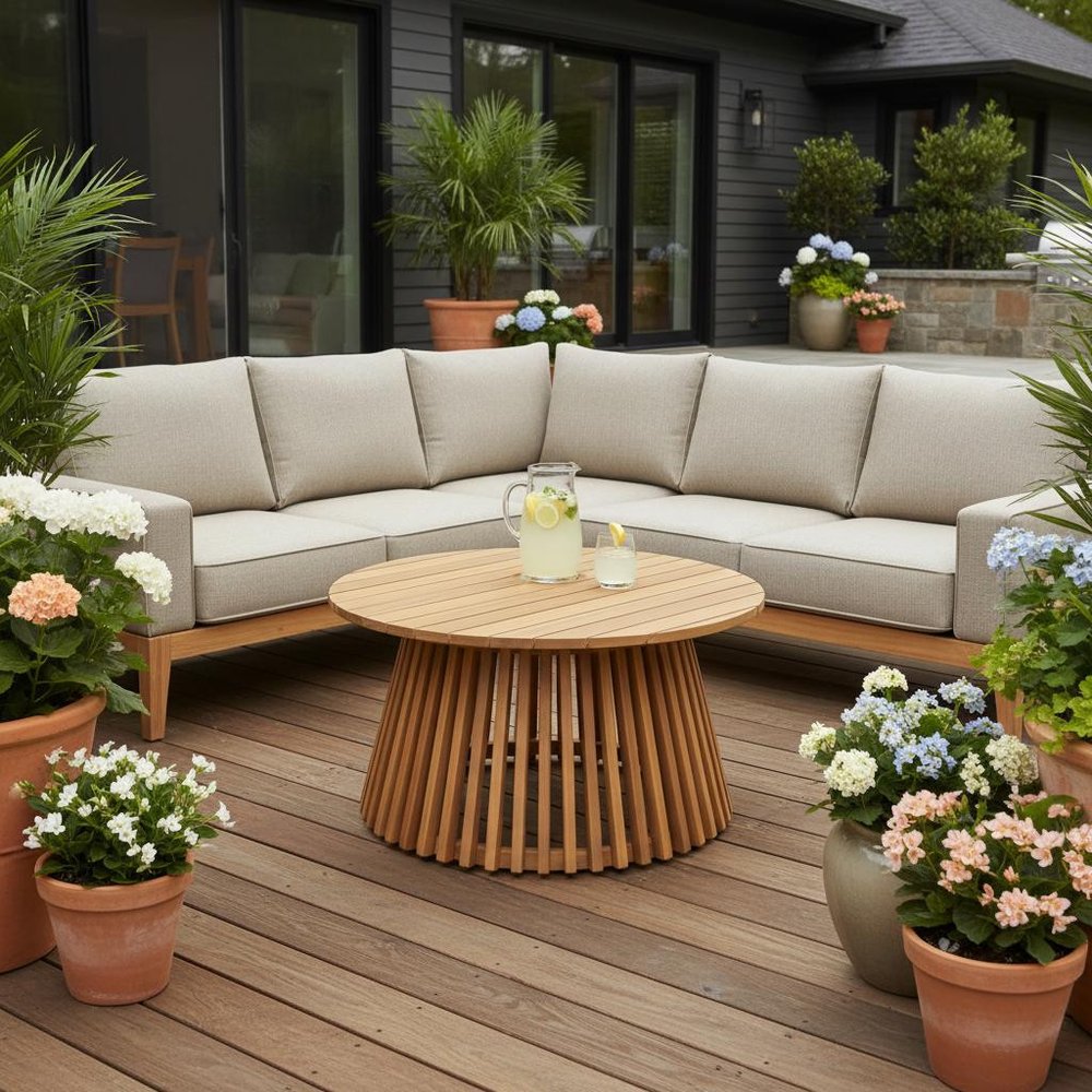 32" Natural Rounded Solid Wood Outdoor Coffee Table HomeRoots
