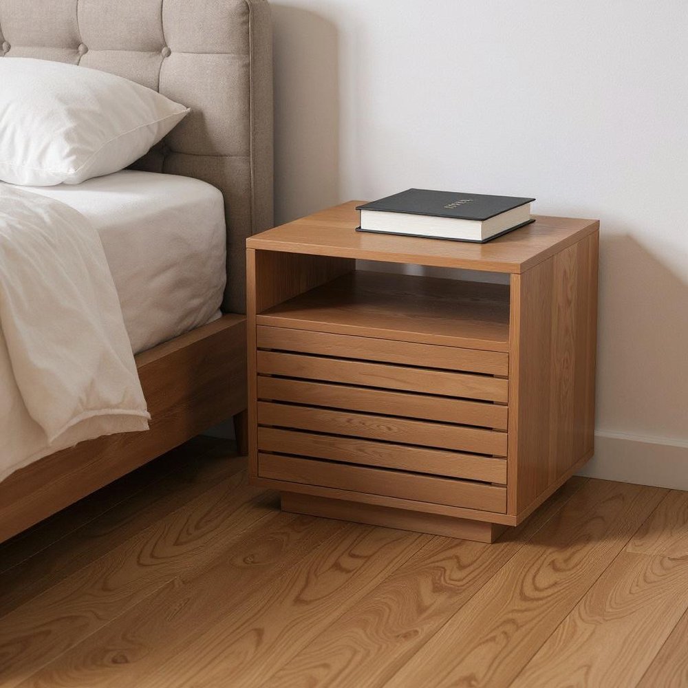 16" Natural Wood Plantation Shutter One Drawer Nightstand HomeRoots
