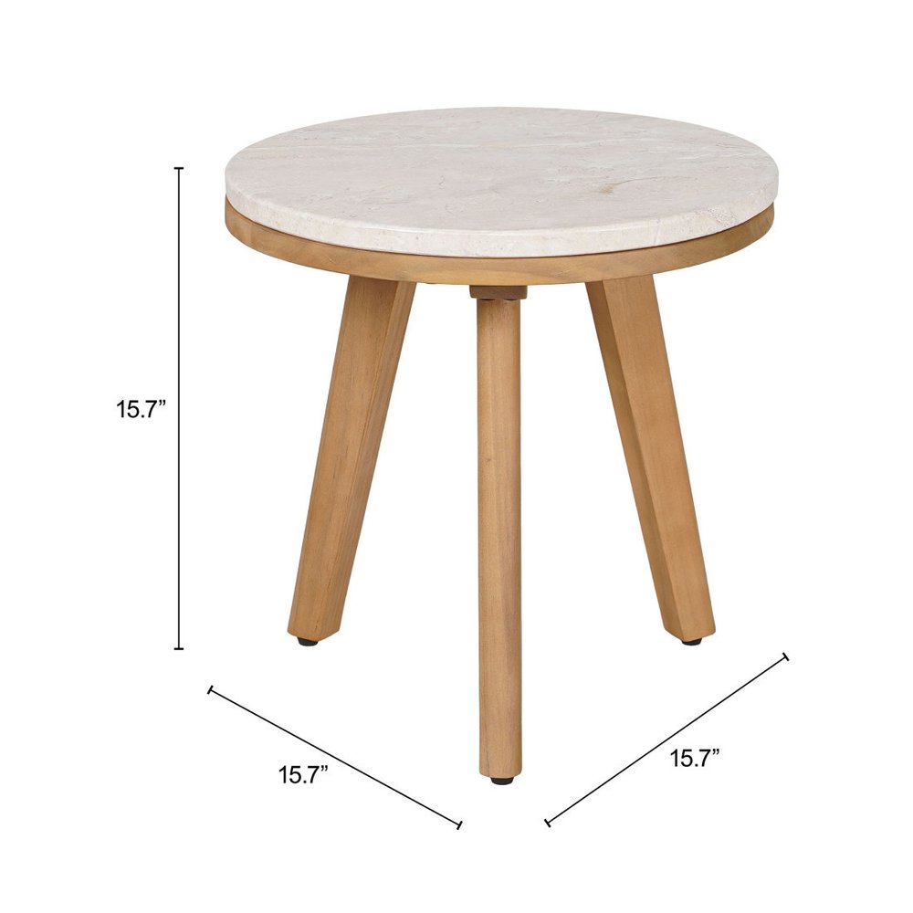 16" Beige and Natural Stone and Solid Wood Round Outdoor Side Table HomeRoots
