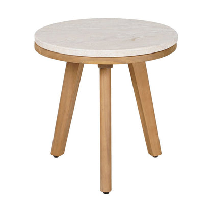 16" Beige and Natural Stone and Solid Wood Round Outdoor Side Table HomeRoots