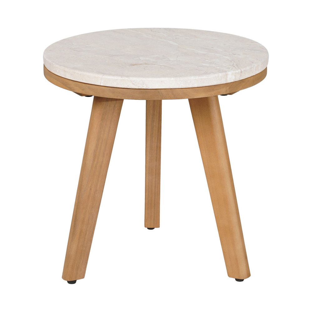 16" Beige and Natural Stone and Solid Wood Round Outdoor Side Table HomeRoots