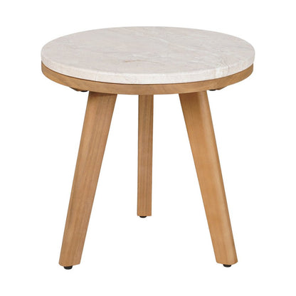 16" Beige and Natural Stone and Solid Wood Round Outdoor Side Table HomeRoots