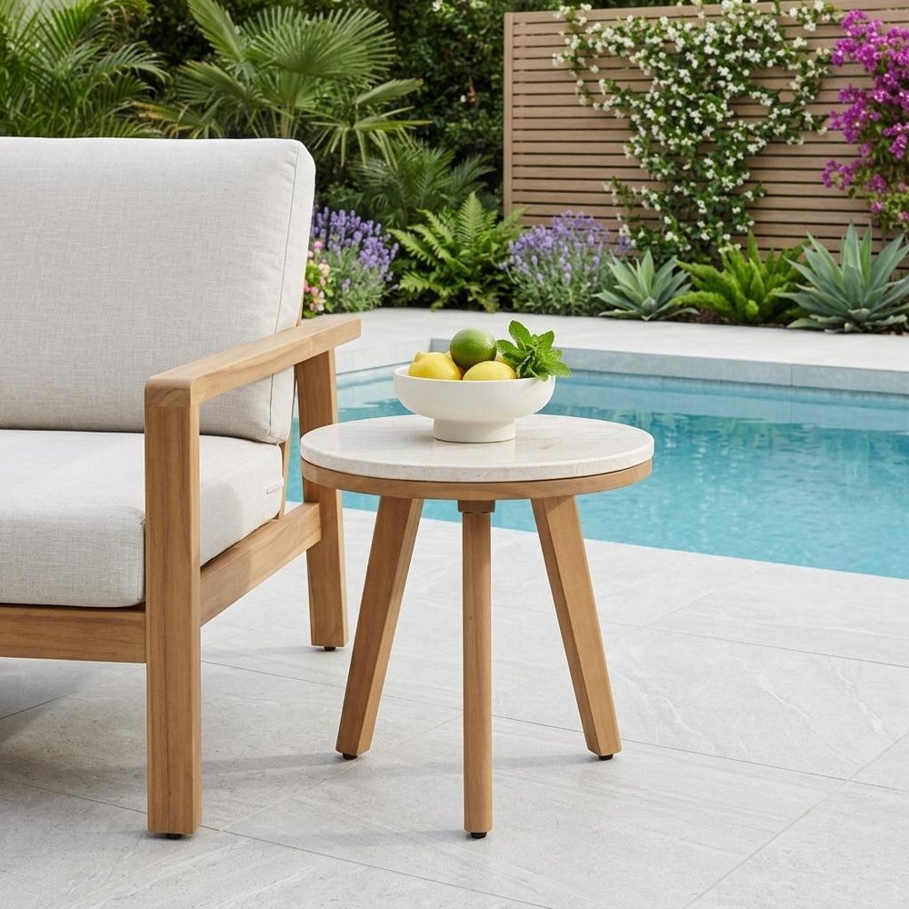 16" Beige and Natural Stone and Solid Wood Round Outdoor Side Table HomeRoots