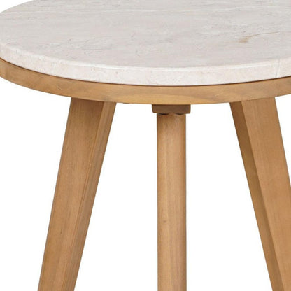 16" Beige and Natural Stone and Solid Wood Round Outdoor Side Table HomeRoots