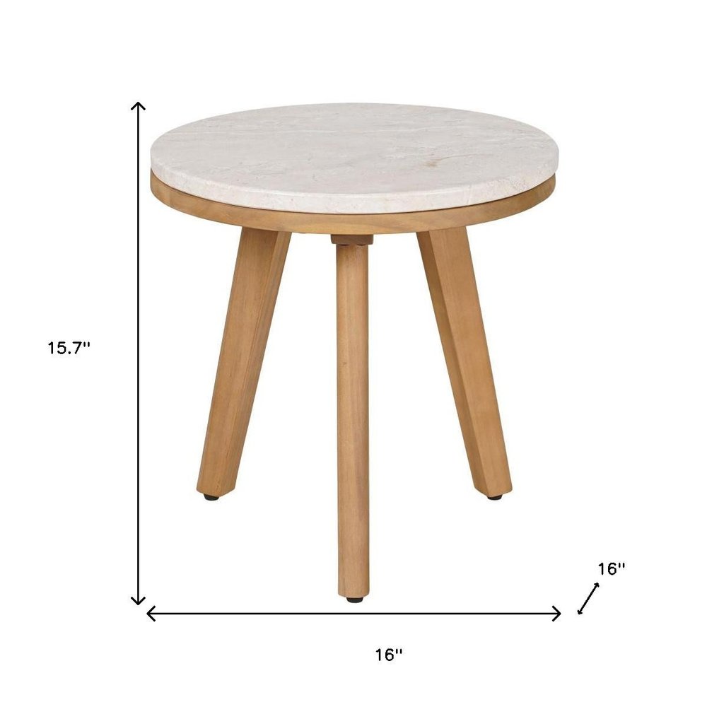 16" Beige and Natural Stone and Solid Wood Round Outdoor Side Table HomeRoots