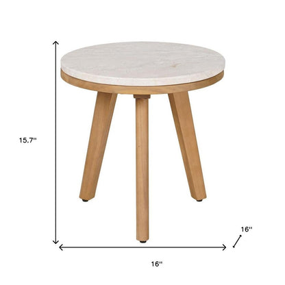 16" Beige and Natural Stone and Solid Wood Round Outdoor Side Table HomeRoots