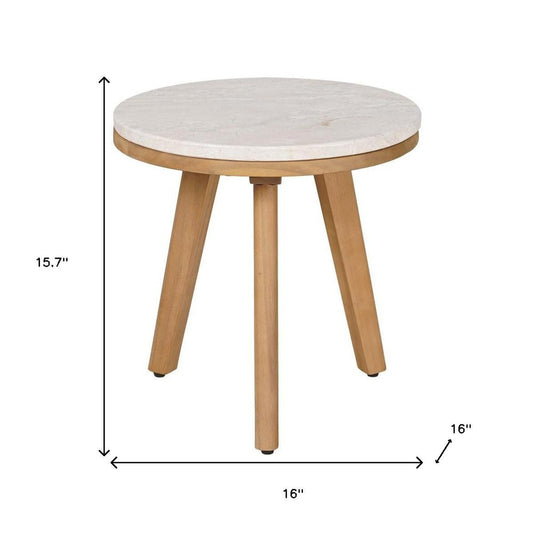 16" Beige and Natural Stone and Solid Wood Round Outdoor Side Table HomeRoots