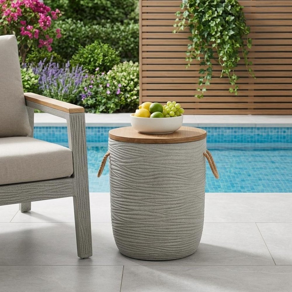 14" Natural and Gray Solid Wood and Faux Concrete Round Outdoor Side Table HomeRoots