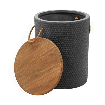 14" Natural and Black Solid Wood and Faux Concrete Round Outdoor Side Table HomeRoots