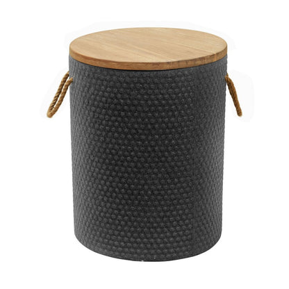 14" Natural and Black Solid Wood and Faux Concrete Round Outdoor Side Table HomeRoots