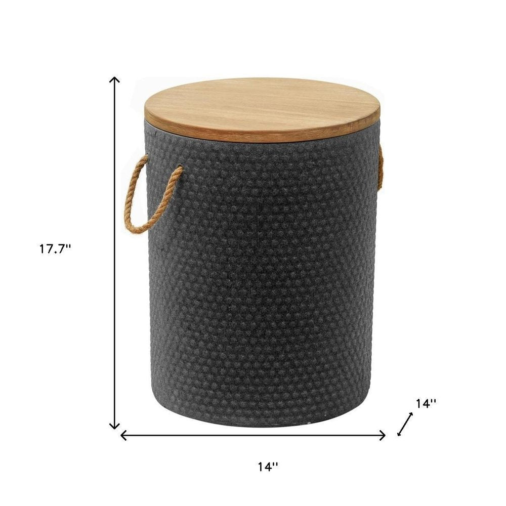 14" Natural and Black Solid Wood and Faux Concrete Round Outdoor Side Table HomeRoots