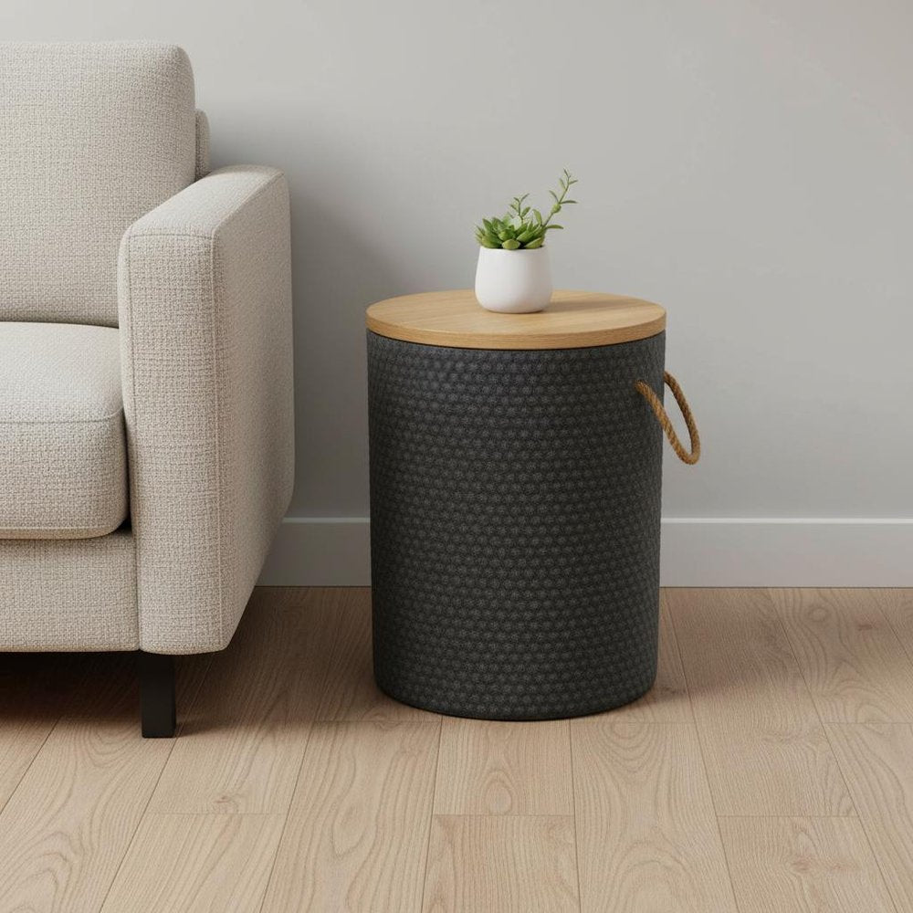 14" Natural and Black Solid Wood and Faux Concrete Round Outdoor Side Table HomeRoots