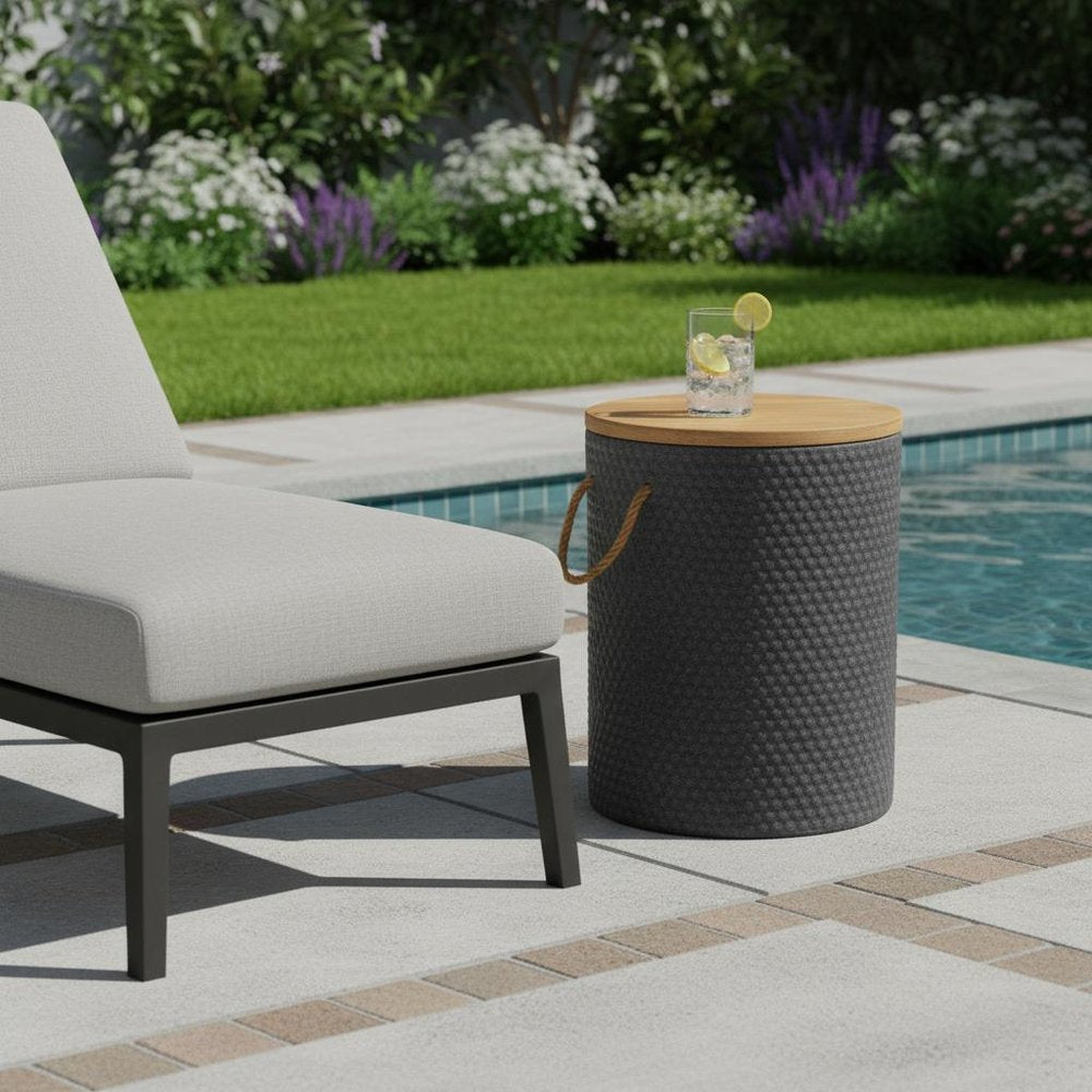 14" Natural and Black Solid Wood and Faux Concrete Round Outdoor Side Table HomeRoots