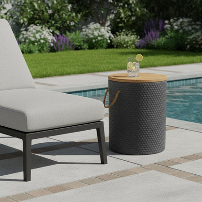14" Natural and Black Solid Wood and Faux Concrete Round Outdoor Side Table HomeRoots
