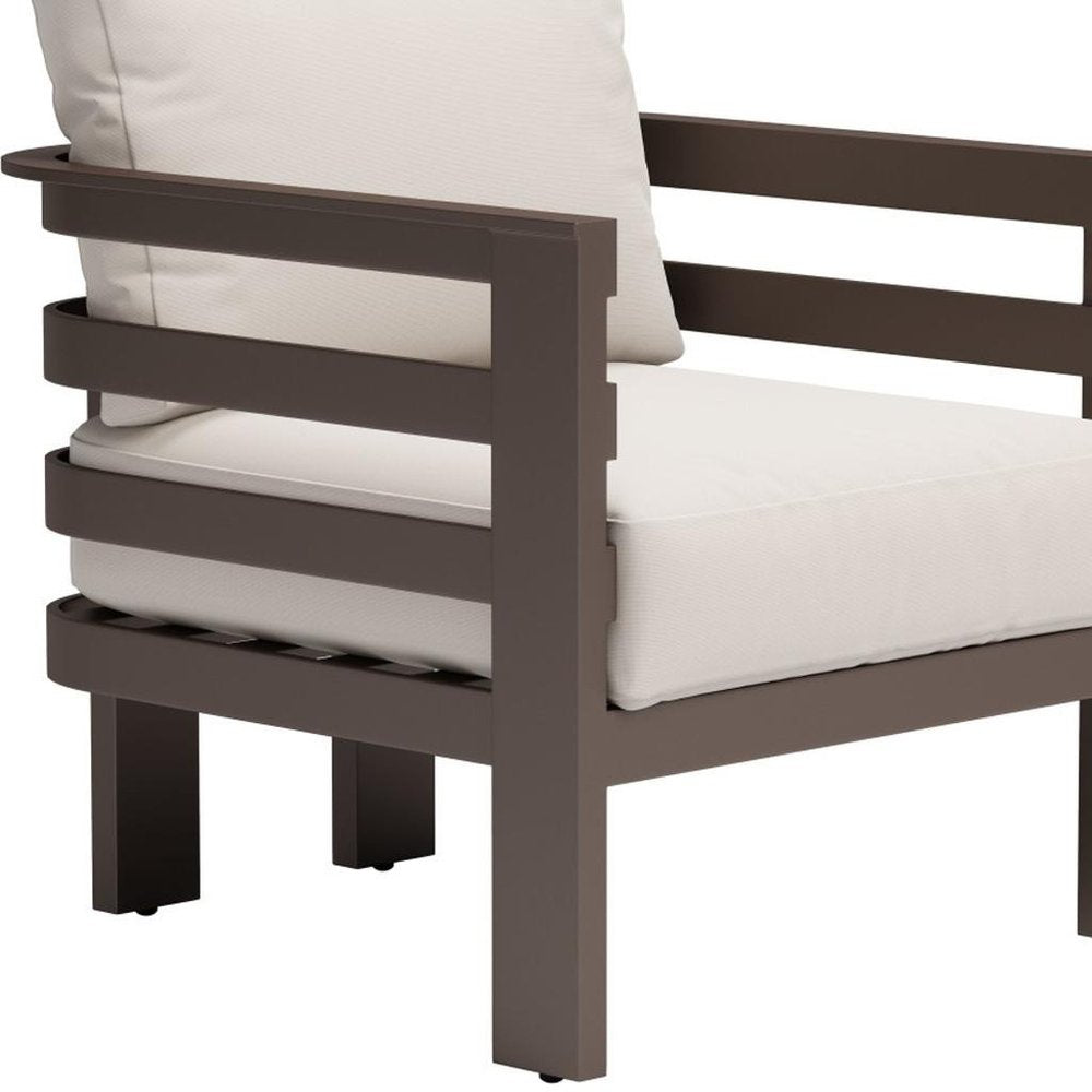 30" Brown Aluminum Outdoor Arm Chair with White Cushion HomeRoots