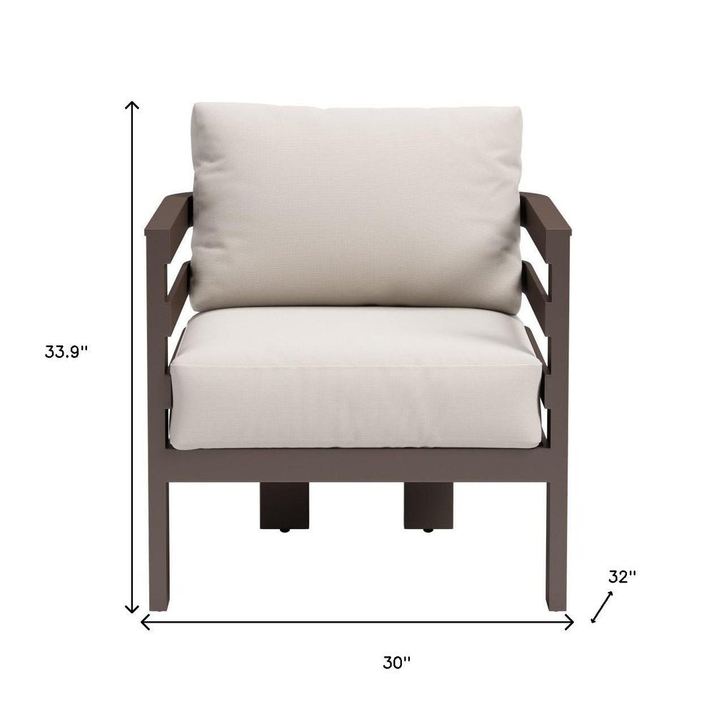 30" Brown Aluminum Outdoor Arm Chair with White Cushion HomeRoots