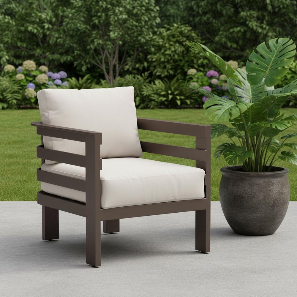 30" Brown Aluminum Outdoor Arm Chair with White Cushion HomeRoots