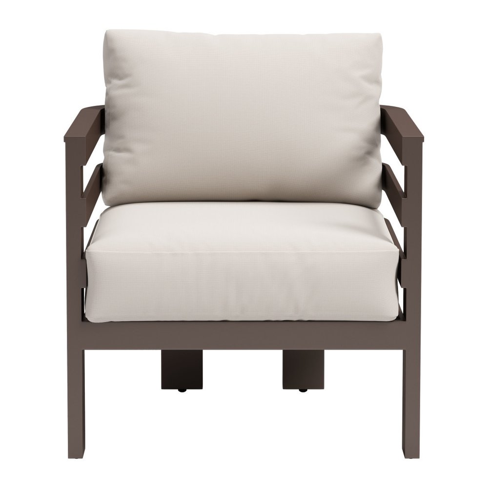 30" Brown Aluminum Outdoor Arm Chair with White Cushion HomeRoots