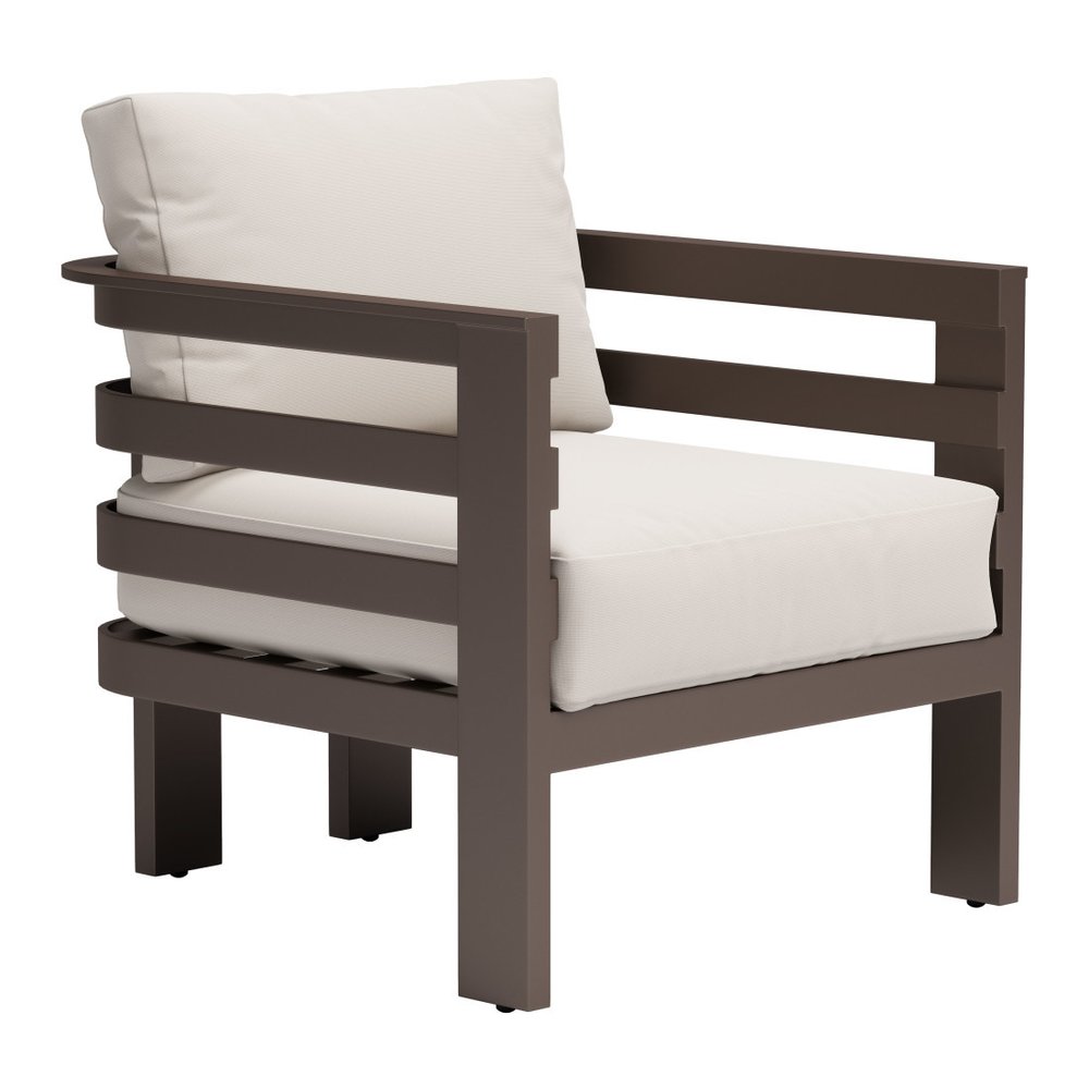 30" Brown Aluminum Outdoor Arm Chair with White Cushion HomeRoots