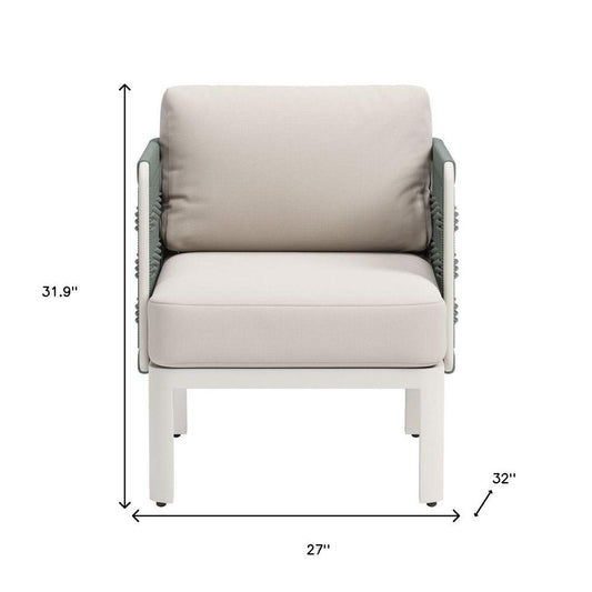 27" Green And White Aluminum Outdoor Accent Chair with White Cushion